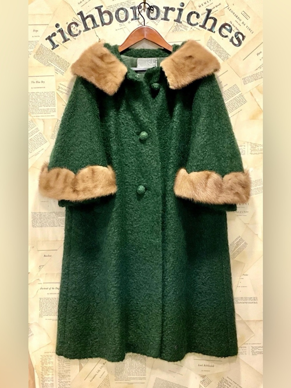 Vintage Green Boucle Swing Coat Lady Stanley Mink Fur Collar Cuffs Berroco MINT
